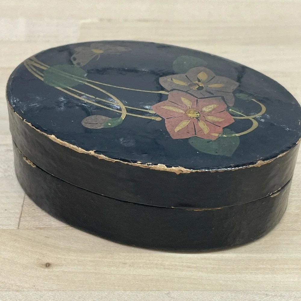 Vtg Trinket Box Paper Mache‎ Hand Painted Lacquered Butterfly Floral Oval Lid